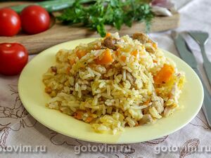 Рис со свинина, капустой и подкопчённым беконом в мультиварке