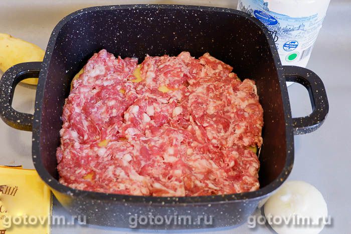 Запеканка с фаршем, молоком и картофелем в духовке